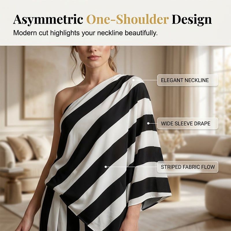 Women's Asymmetrical Stripe Top & Wide-Leg Pants Set