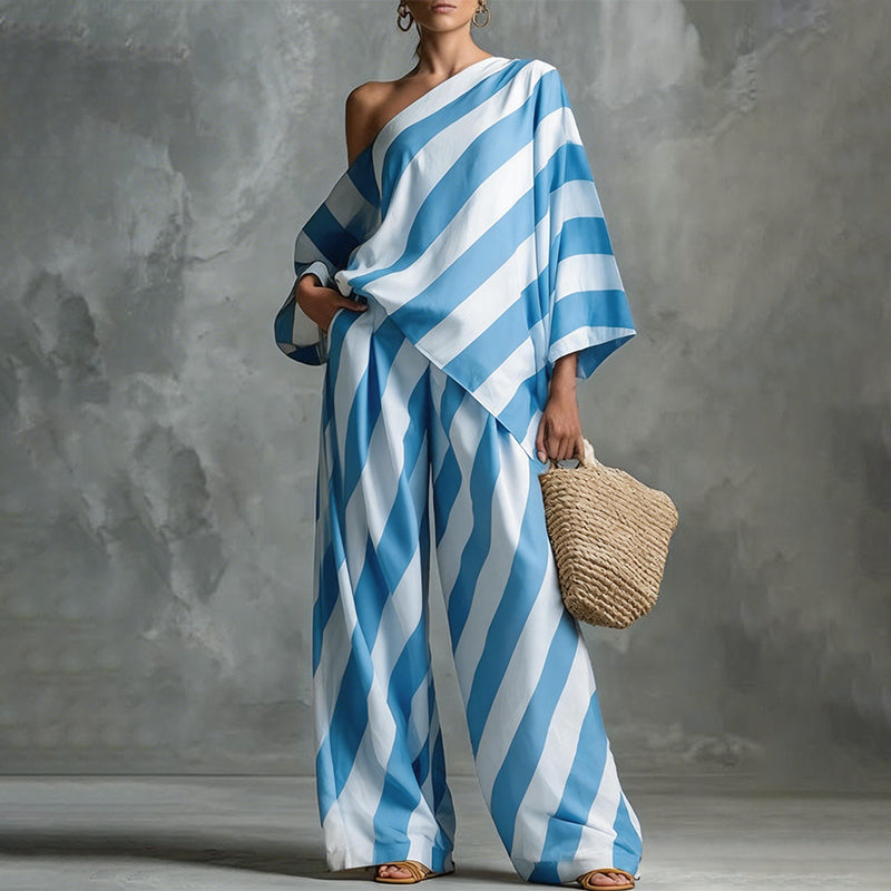 Women's Asymmetrical Stripe Top & Wide-Leg Pants Set